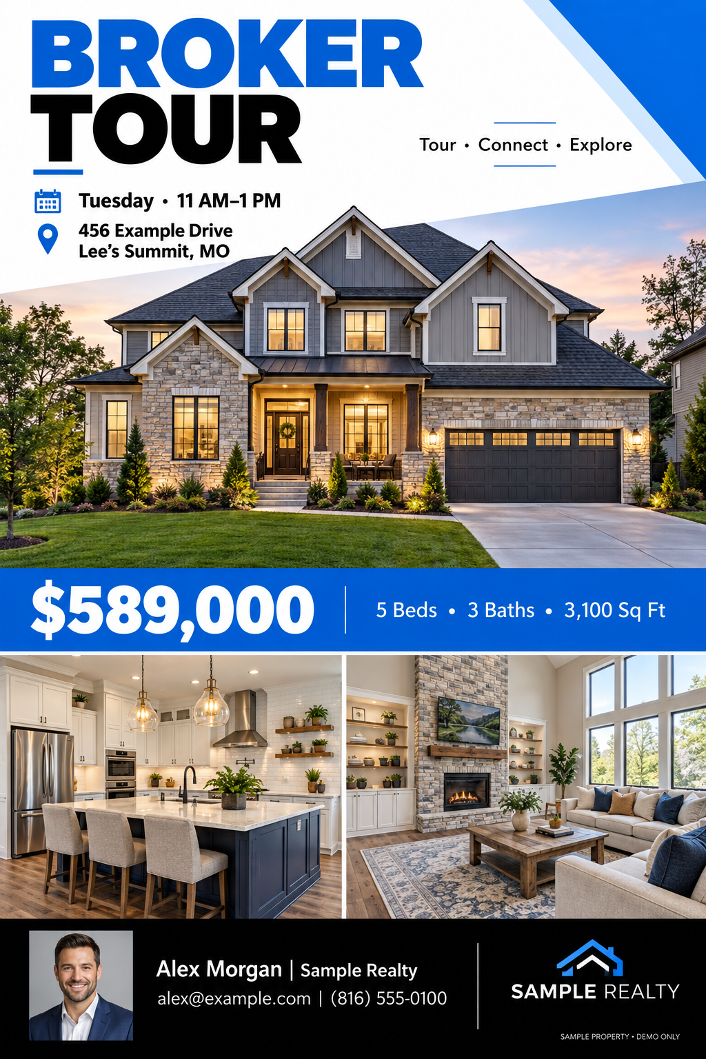 Completed Broker Tour sample flyer with property photos, listing details and fictional agent information