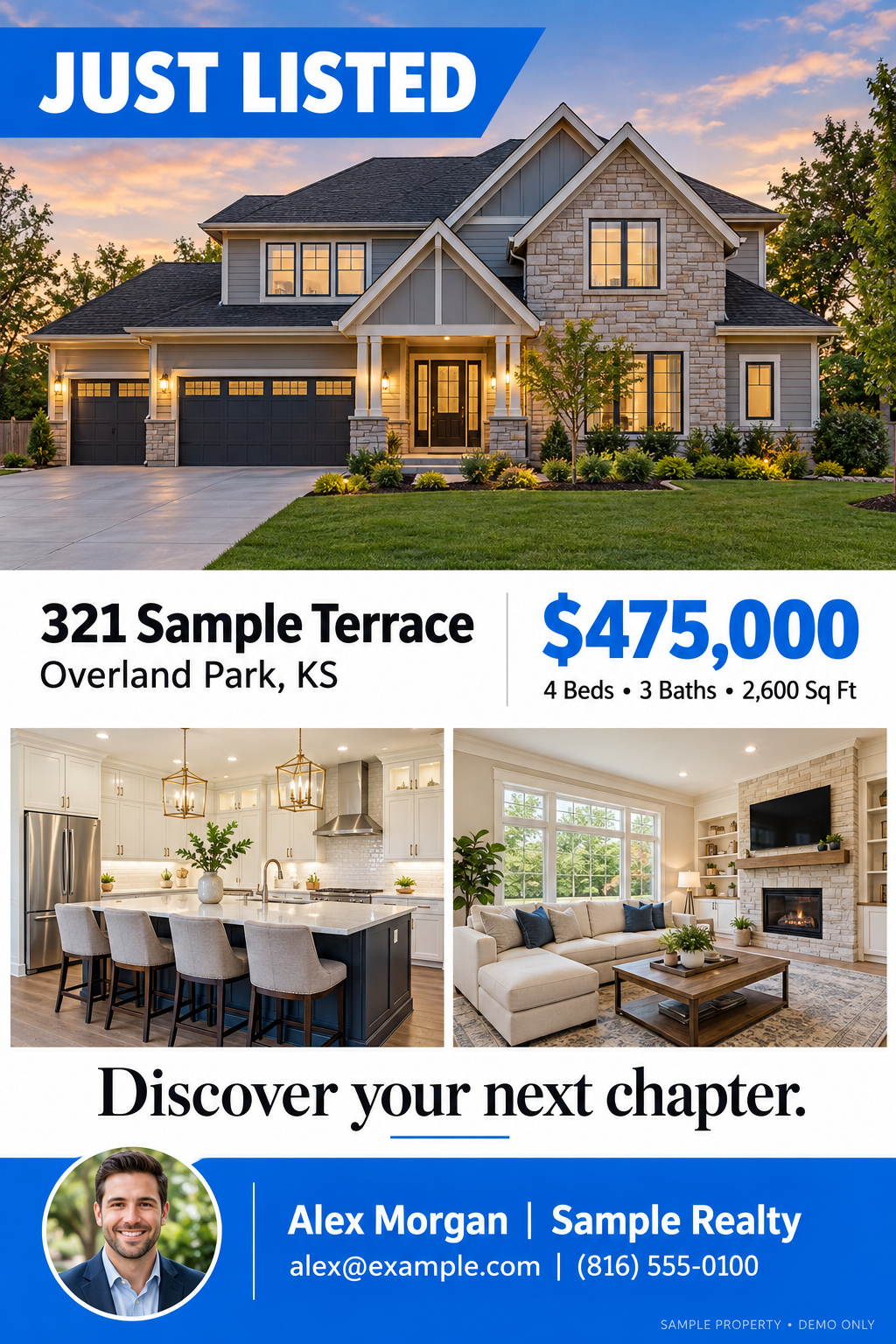 Completed Just Listed sample flyer with property photos, listing details and fictional agent information