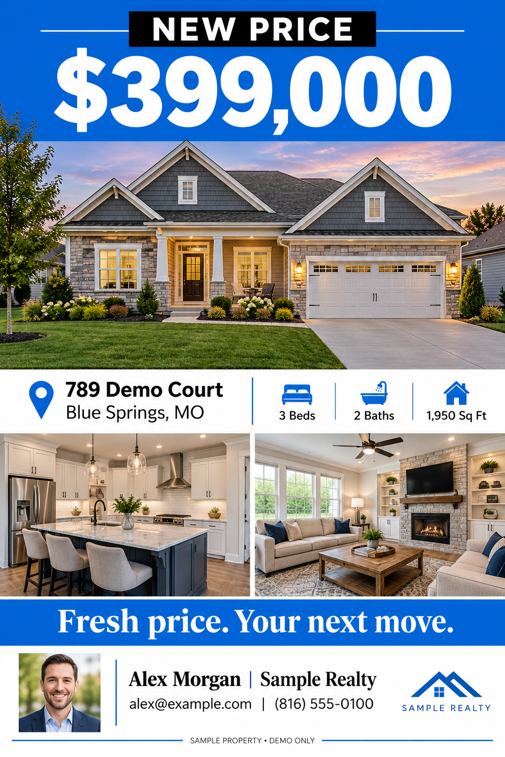 Completed New Price sample flyer with property photos, listing details and fictional agent information