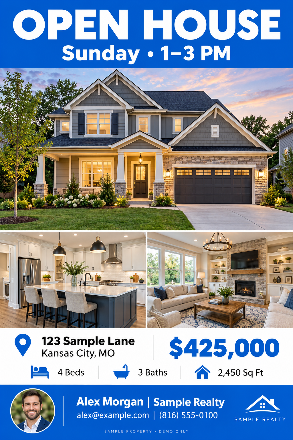 Completed Open House sample flyer with property photos, listing details and fictional agent information